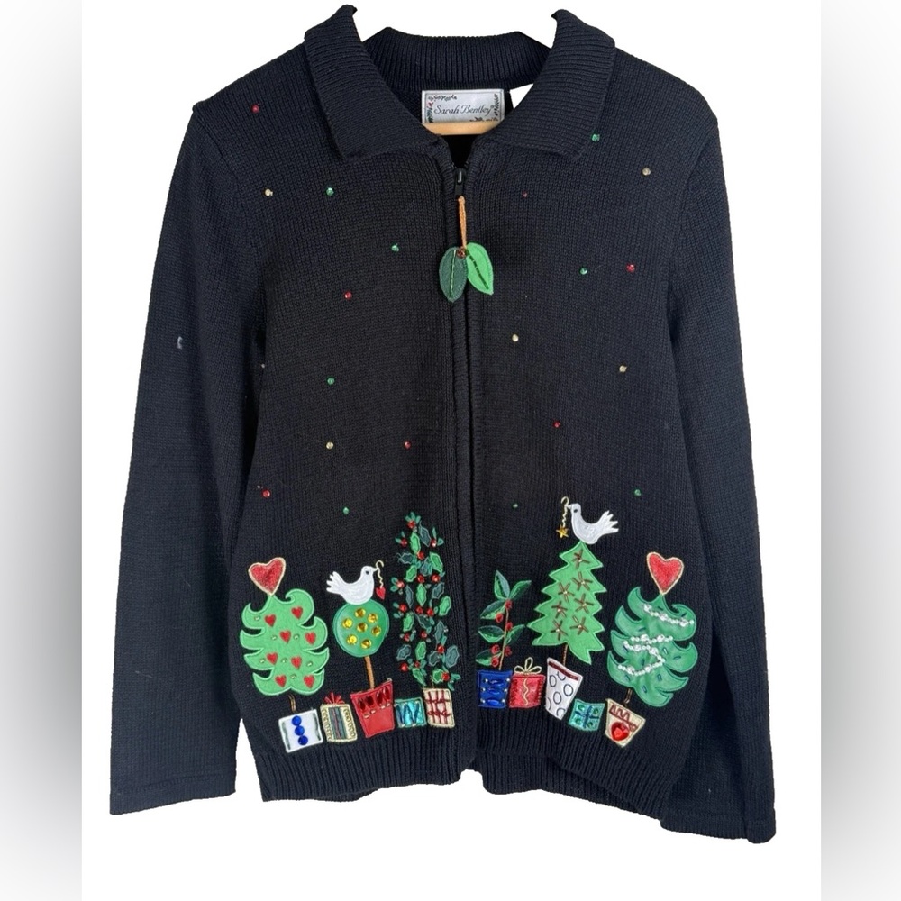 Sarah Bentley Christmas Zip Up Cardigan‎ Trees Gifts Beads Embroidered Medium